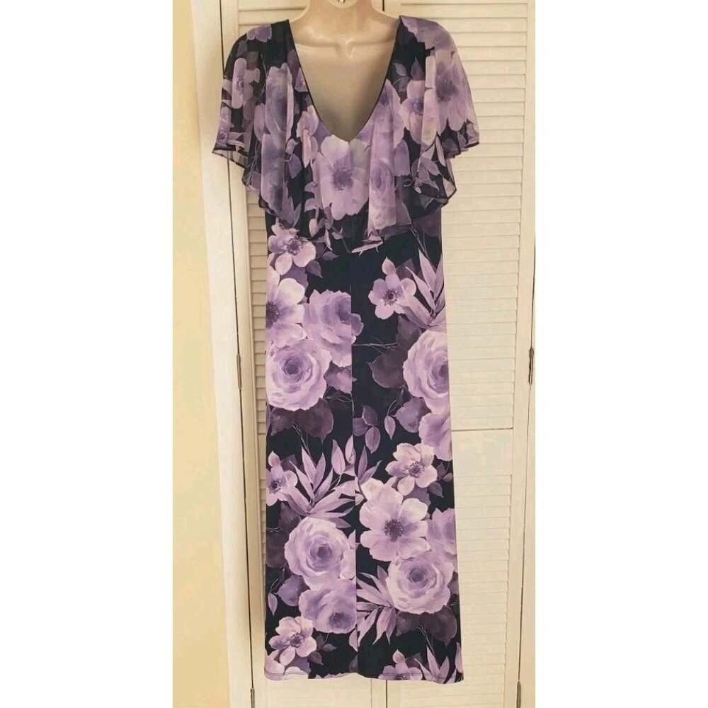NEW CONNECTED APPAREL LILAC FLORAL CHIFFON CAPE MIDI DRESS SZ 14 - Picture 4 of 6
